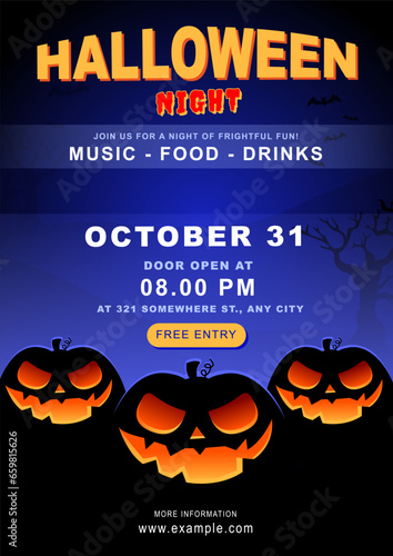 Shadow of Scary Pumpkin Carvings in Halloween Night Poster Layout Template : Announce the Halloween event with a spooky poster notice template, Sinister Jack O' Lantern carvings, bats and dead tree.