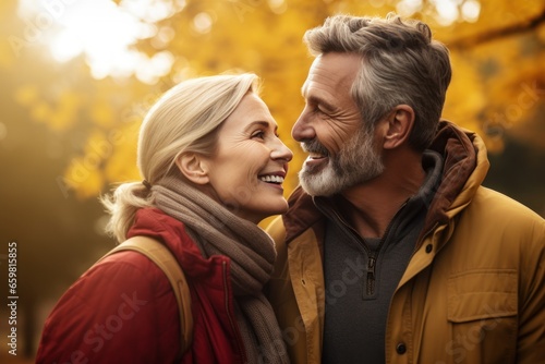 Joyful middle aged couple, a man and woman, sharing a loving hug in the park in autumn.