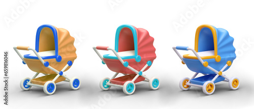 3d baby stroller in yellow, blue and red colors. 3d model for baby store with different templates. Baby care concept. Vector illustration in cartoon style