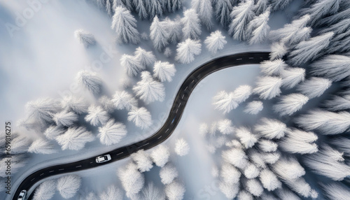 Curvy Windy Road in Snow-Covered Forest, Aerial View © Abood