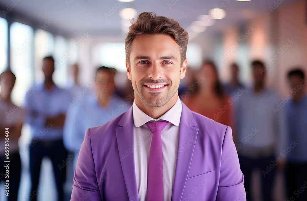 Confident successful businessman leading and motivating his team of dedicated office professionals Confident successful businessman leading and motivating his team of dedicated office professionals