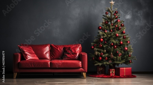 Decorated Christmas tree in living room background. Merry Christmas and Happy new year Concept.  Copy Space 