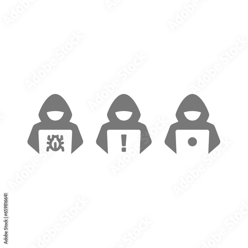 Hacker with hoodie and computer vector icon. Cyber crime, virus symbol.