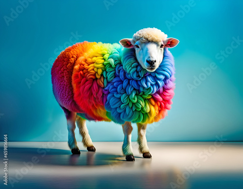 Un mouton arc-en-ciel, concept être différent, penser différemment, sortir du lot, être original - IA générative photo