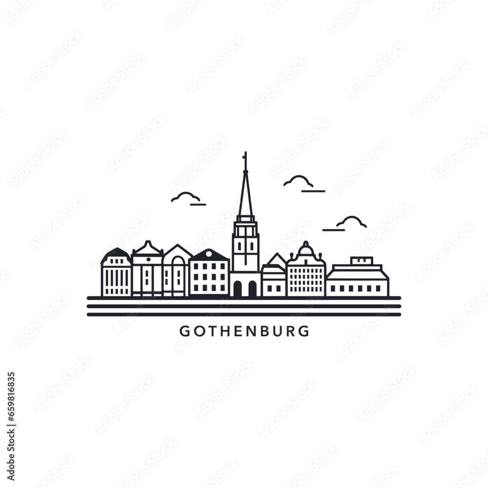 Sweden Gothenburg cityscape skyline city panorama vector flat modern logo icon. Europe town emblem idea with landmarks and building silhouettes. Isolated graphic