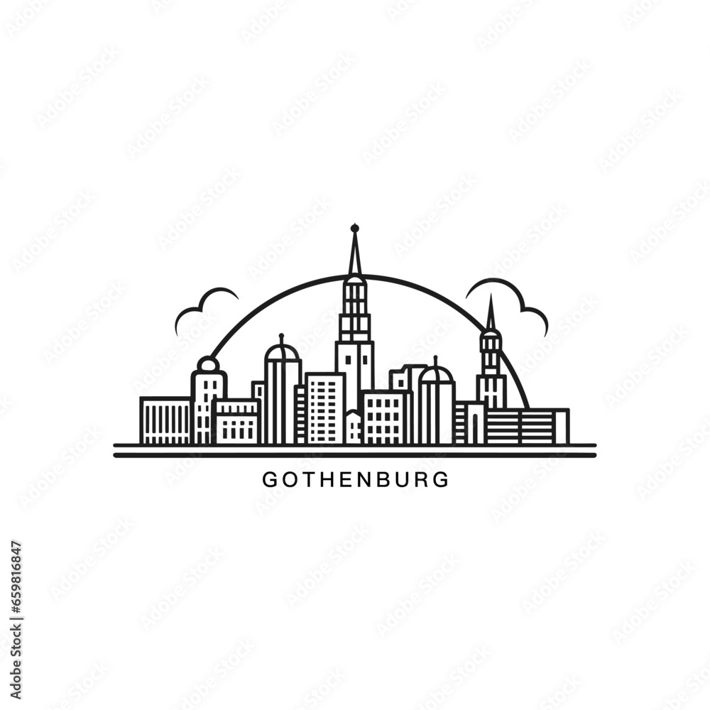 Sweden Gothenburg cityscape skyline city panorama vector flat modern logo icon. Europe town emblem idea with landmarks and building silhouettes. Isolated graphic