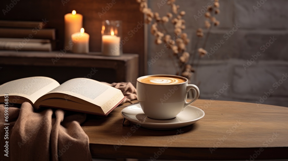 Cozy Moments: Find solace in a cup of coffee and a book on a sofa against your tranquil escape. Cozy Moments: Find solace in a cup of coffee and a book on a sofa against your tranquil escape.