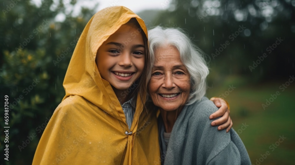 A grandma and her grandchild, both in raincoats, enjoy the rain in the city, sharing smiles and laughter.