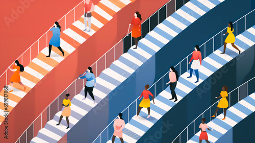 An overhead view showcasing a modern staircase, where a diverse group of determined women passionately climb upwards, wearing athletic gear and displaying focus photo