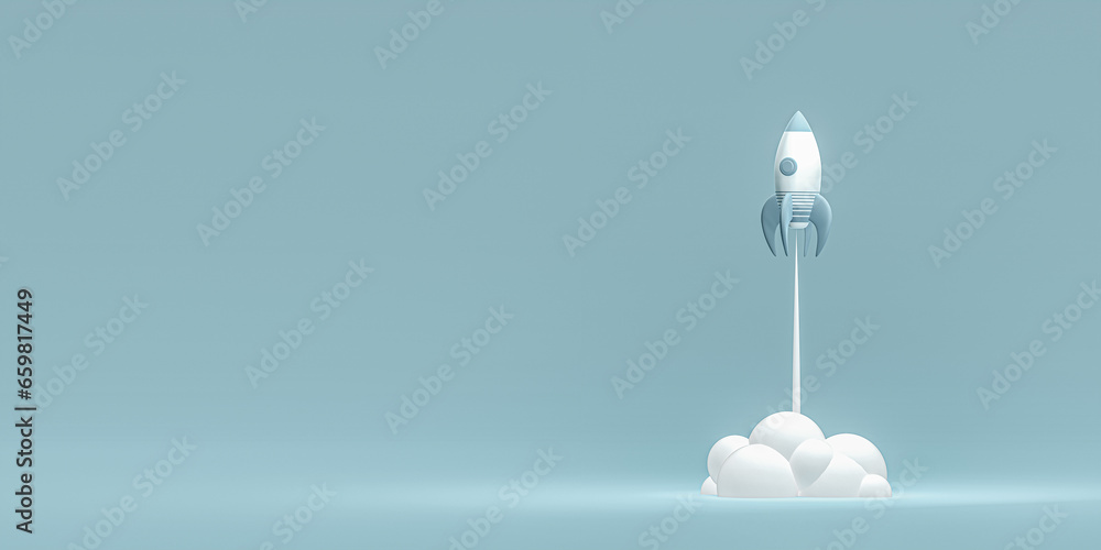 Rocket launch, growth business web banner. reactive rapid growth of economic indicator. Success is Startup. economy and financial growth. fast growth chart growing up. 3d illustration - obrazy, fototapety, plakaty 