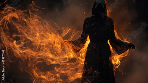 Mysterious hooded figure on fire. Generative AI