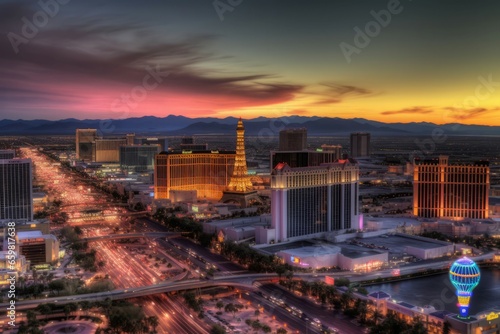 Las Vegas sunset city view. Casino scenic. Generate Ai
