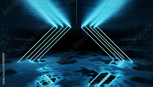 Fototapeta Naklejka Na Ścianę i Meble -  Cyber neon laser Interior. Garage room hangar with sci fi glowing blue tubes. Futuristic dark tunnel warehouse with metal panels wall lighted. Construction corridor 3d Rendering
