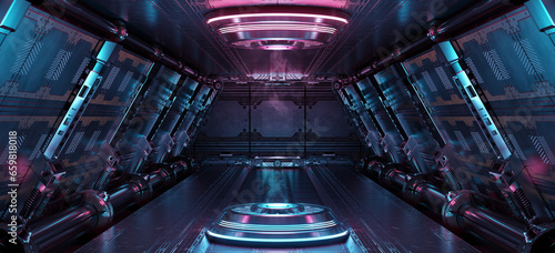 Fototapeta Naklejka Na Ścianę i Meble -  Blue and pink spaceship interior with projector. Futuristic corridor in space station with glowing neon lights background. 3d rendering