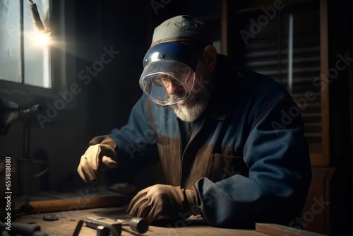 Locksmith working metal in mask. Person welding. Generate Ai