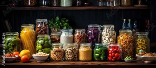 Food items stored in glass containers at home including pasta cereal salt wine and groceries