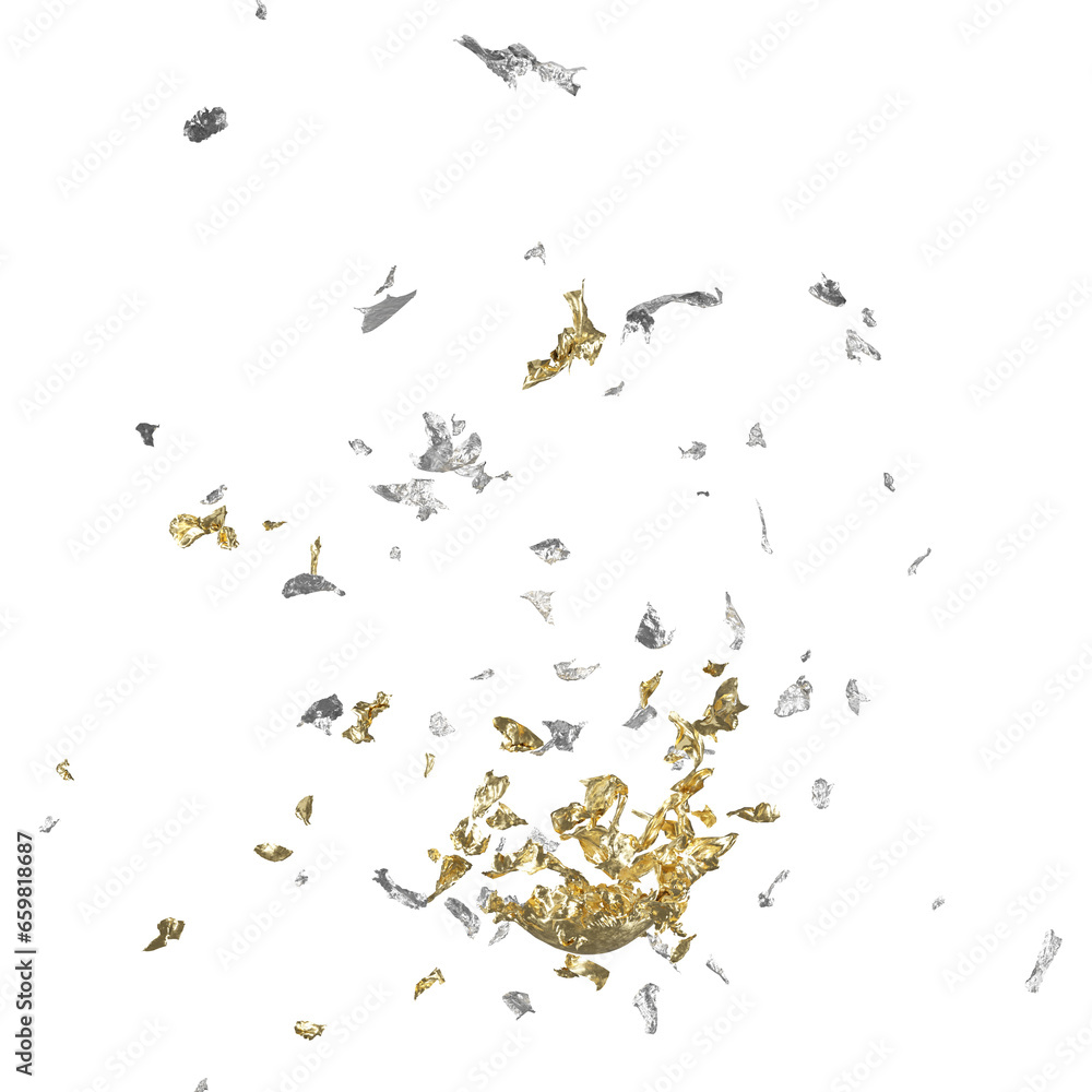 Mixed sparkle Gold and Silver foil flakes on transparent isolated background