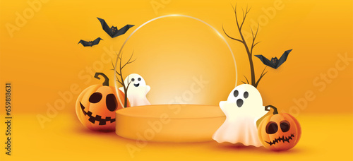 vector background with realistic halloween pumpkin and podium for product display