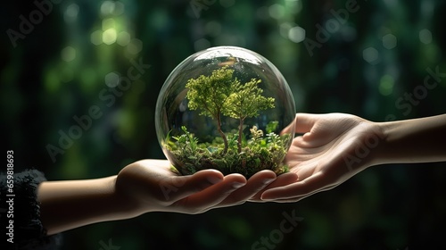 Eco-Friendly Concept with Hand Holding Glass Globe photo