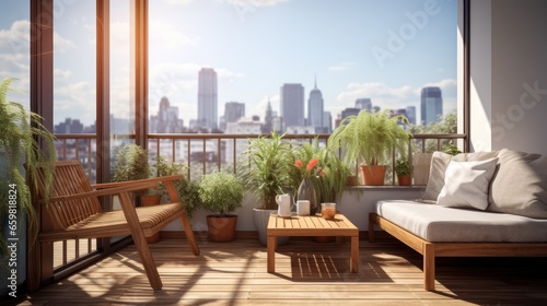 wooden ensemble on a contemporary balcony, inviting relaxation