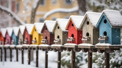 Foto Delight in the winter wonderland of avian real estate with beautiful, multi-colored birdhouses