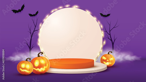 vector background with realistic halloween pumpkin and podium for product display