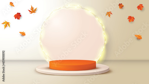 3 d style vector illustration. podium for product display in autumn theme.
