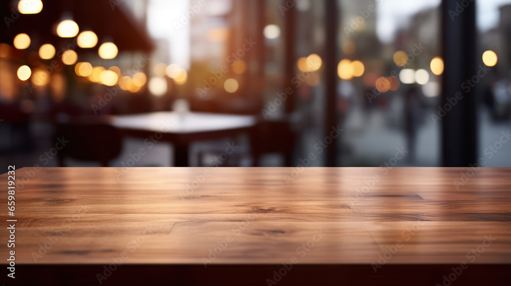 wooden table perspective, overlaying a softly lit cafe setting