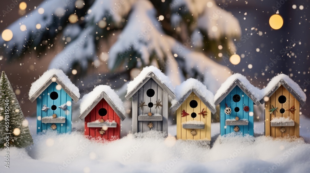 Fototapeta premium Delight in the winter wonderland of avian real estate with beautiful, multi-colored birdhouses. These cozy nests offer birds a warm and inviting place to call home during the chilly months.