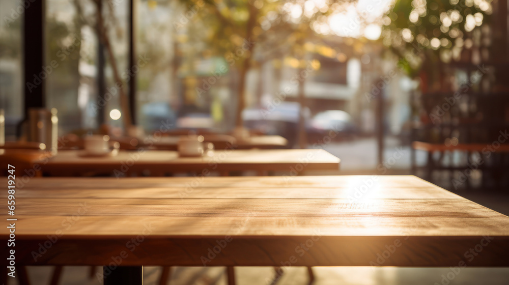 wooden table perspective, overlaying a softly lit cafe setting wooden table perspective, overlaying a softly lit cafe setting