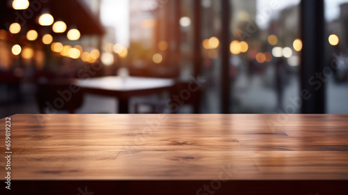 wooden table perspective, overlaying a softly lit cafe setting