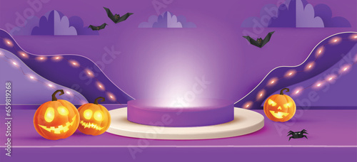 vector background with realistic halloween pumpkin and podium for product display