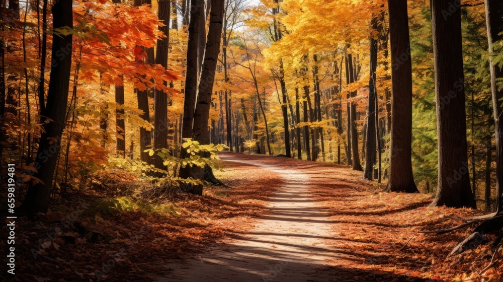 forest path blanketed with a rich tapestry of vibrant fall leaves