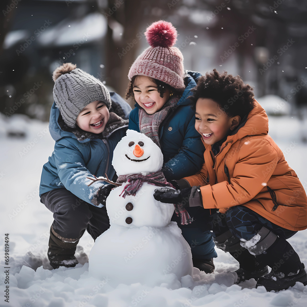 Photo of kids toddlers outside building a snowman, playing snowballs, laughing, a lot of snow around, Christmas time