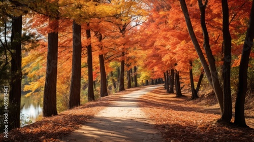 forest path blanketed with a rich tapestry of vibrant fall leaves © Putra