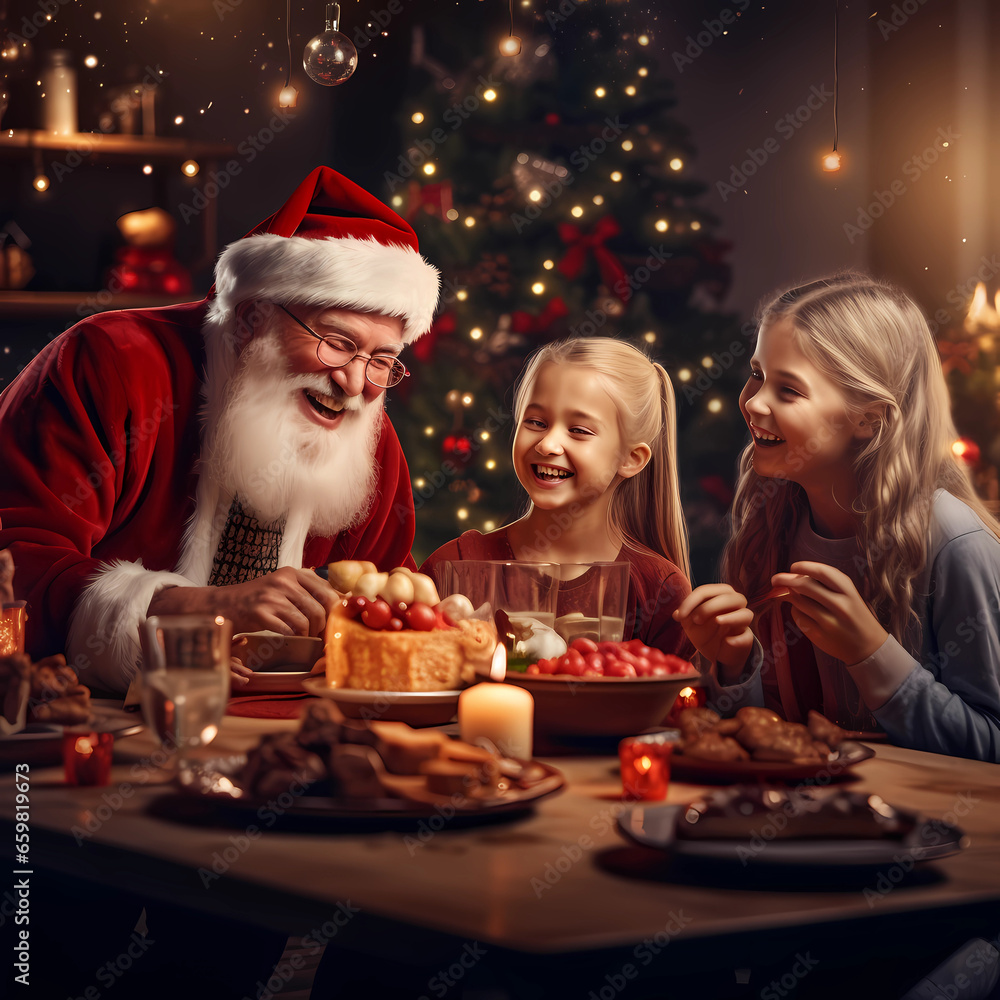 Photo of family during christmas eve dinner, happy kids, grandparents, presents, detailed, Christmas 2023, Christmas tree Photo of family during christmas eve dinner, happy kids, grandparents, presents, detailed, Christmas 2023, Christmas tree