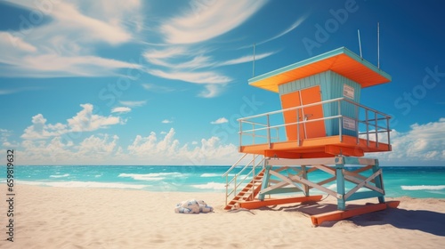 vivid lifeguard stand, embodying Art Deco flair, overlooks sun-soaked sands © Putra