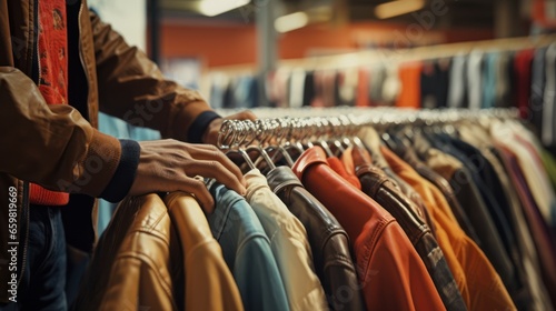 man browses through an array of retro jackets in a thrift store