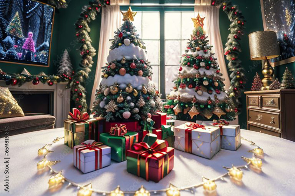 beautiful Christmas tree in room decorated with light toys for the New Year holiday, AI generated