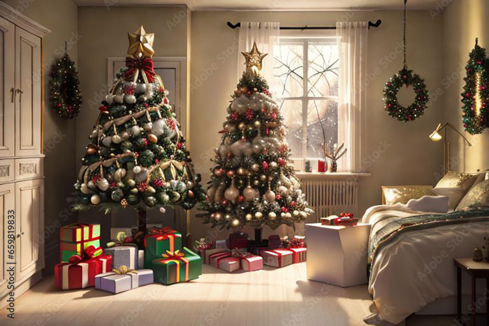 beautiful Christmas tree in room decorated with light toys for the New Year holiday, AI generated