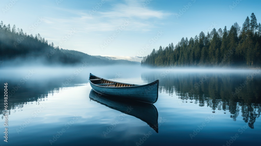 A lone canoe floats on a tranquil, mysterious lake