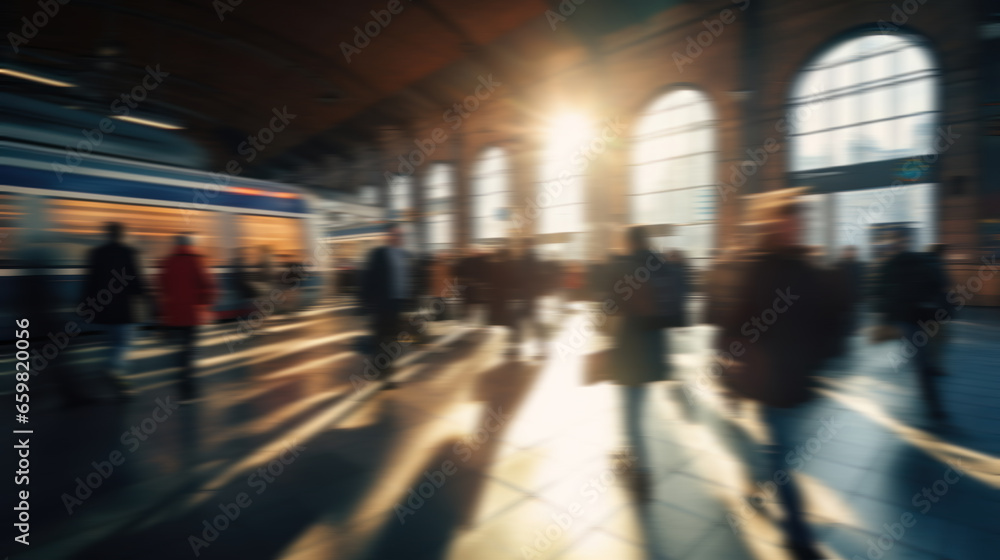 Busy commuters at a train station