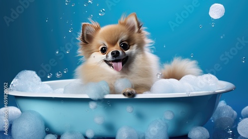 Pomeranian Spitz dog, towel, blue background, pet grooming, bath time, pampered pet, hygiene, cute puppy, dog care, pet spa,