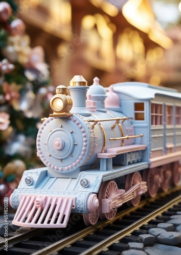 Children's wooden toy Christmas train with pastel colored gifts