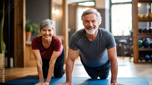 senior stretching exercise training lifestyle sport fitness home healthy man together pilates gym exercising fit yoga meditation  photo