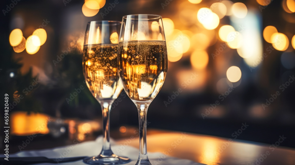 glasses with champagne on table with Christmas decorations. new year, generative AI glasses with champagne on table with Christmas decorations. new year, generative AI