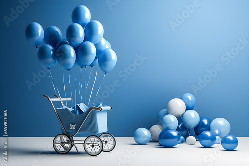 Retro baby carriage and ballons in  blue  colors in 3d style, generate AI. photo