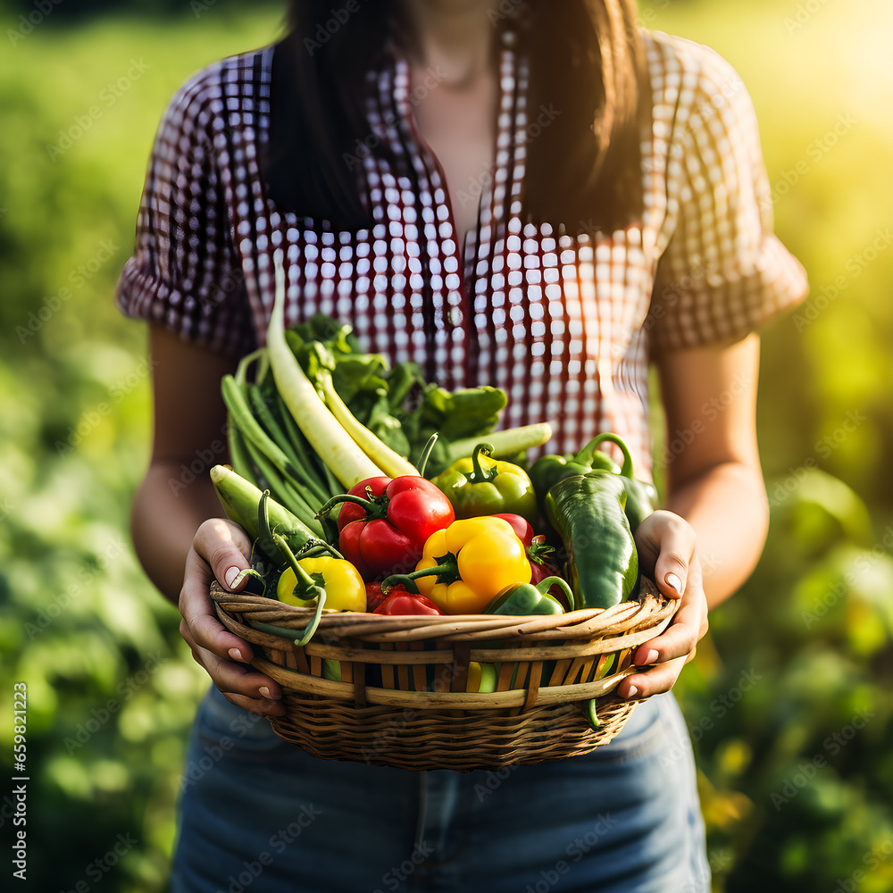 Fototapeta premium Close-up of a woman farmer holding a basket of vegetables in her hands. Healthy eating concept and love for healthy eating