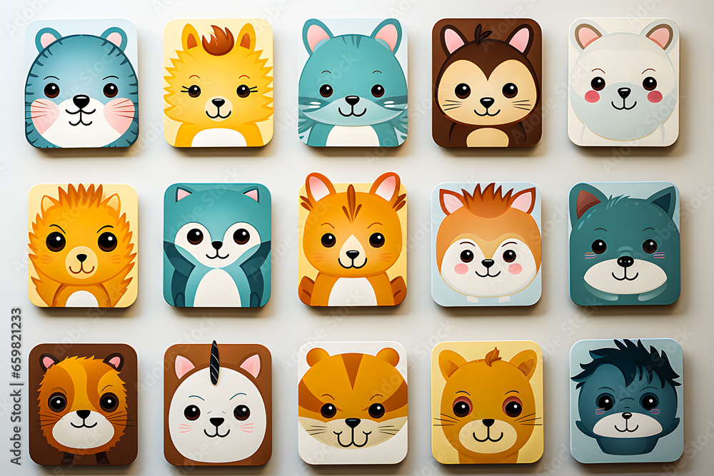 Illustration of a sticker pack, set of colorful cartoon animals on a white background Illustration of a sticker pack, set of colorful cartoon animals on a white background