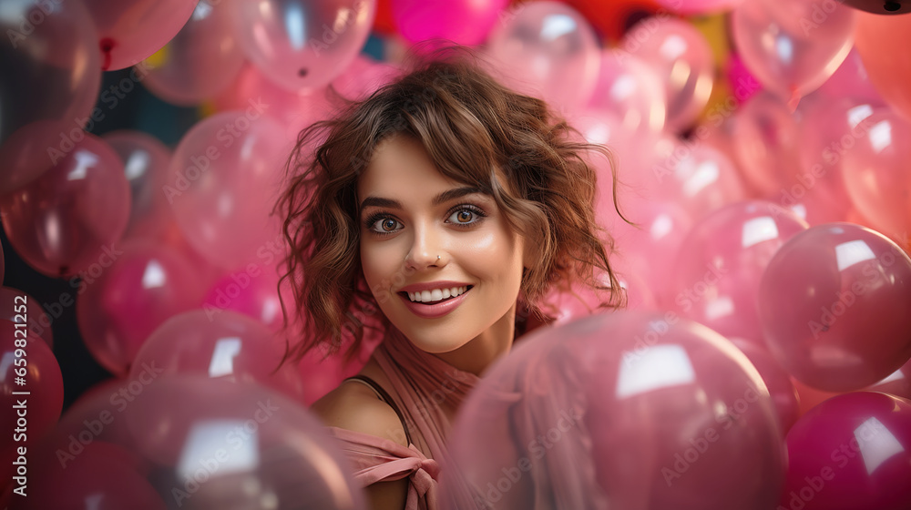 Fototapeta premium Smiling Young Woman with Nose Piercing and Pink Balloons
